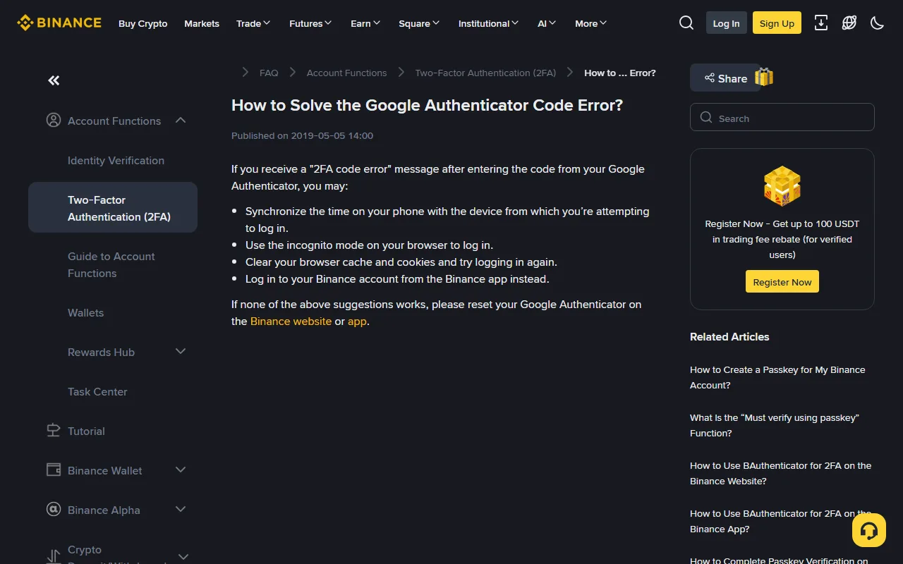 Binance-in rəsmi dəstək səhifəsində «How to Solve the Google Authenticator Code Error?» məqaləsi və dörd tövsiyə olunan addım