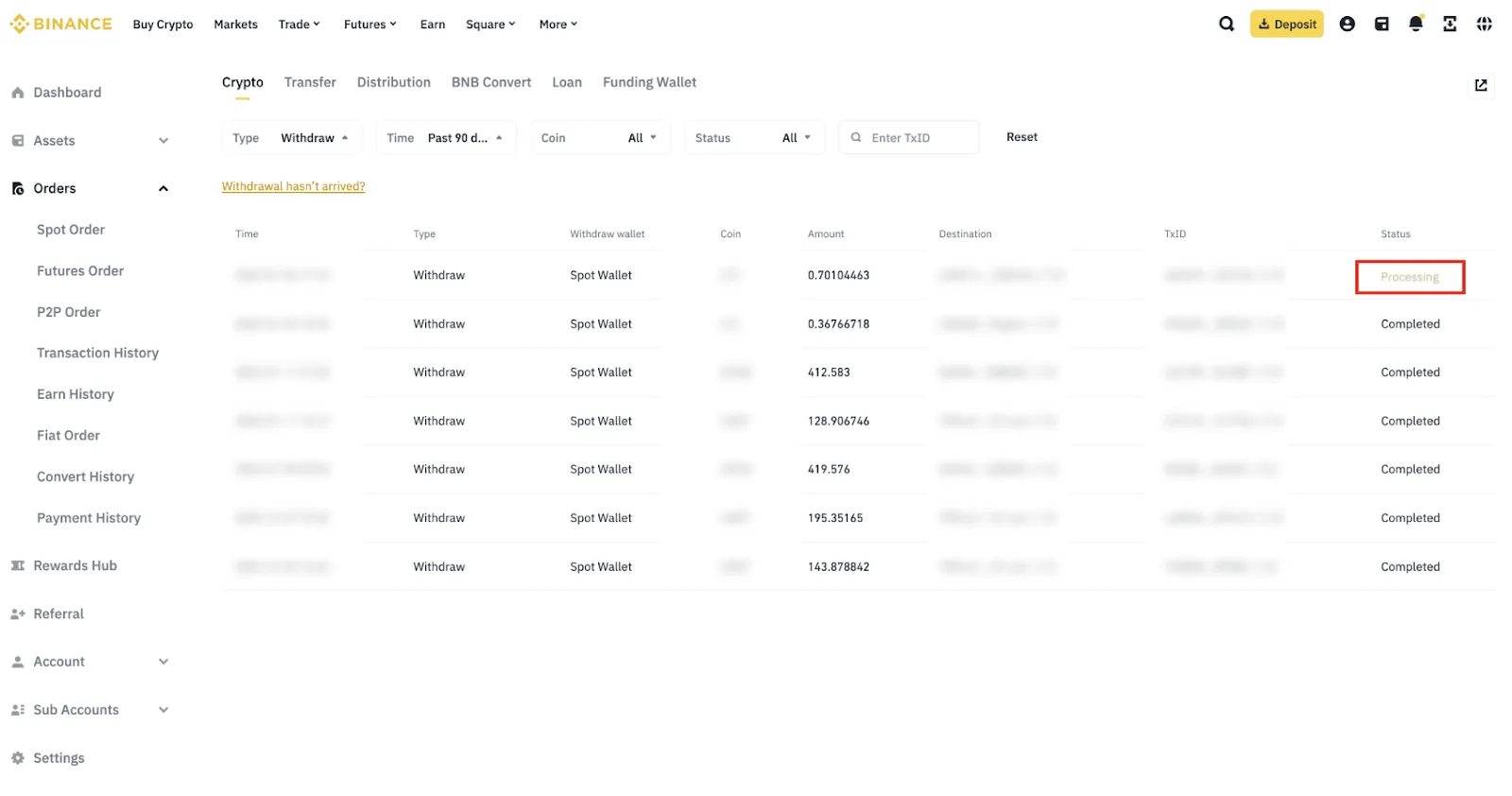 Binance 官方 Withdrawal History 中 Processing 與 Completed 狀態示例