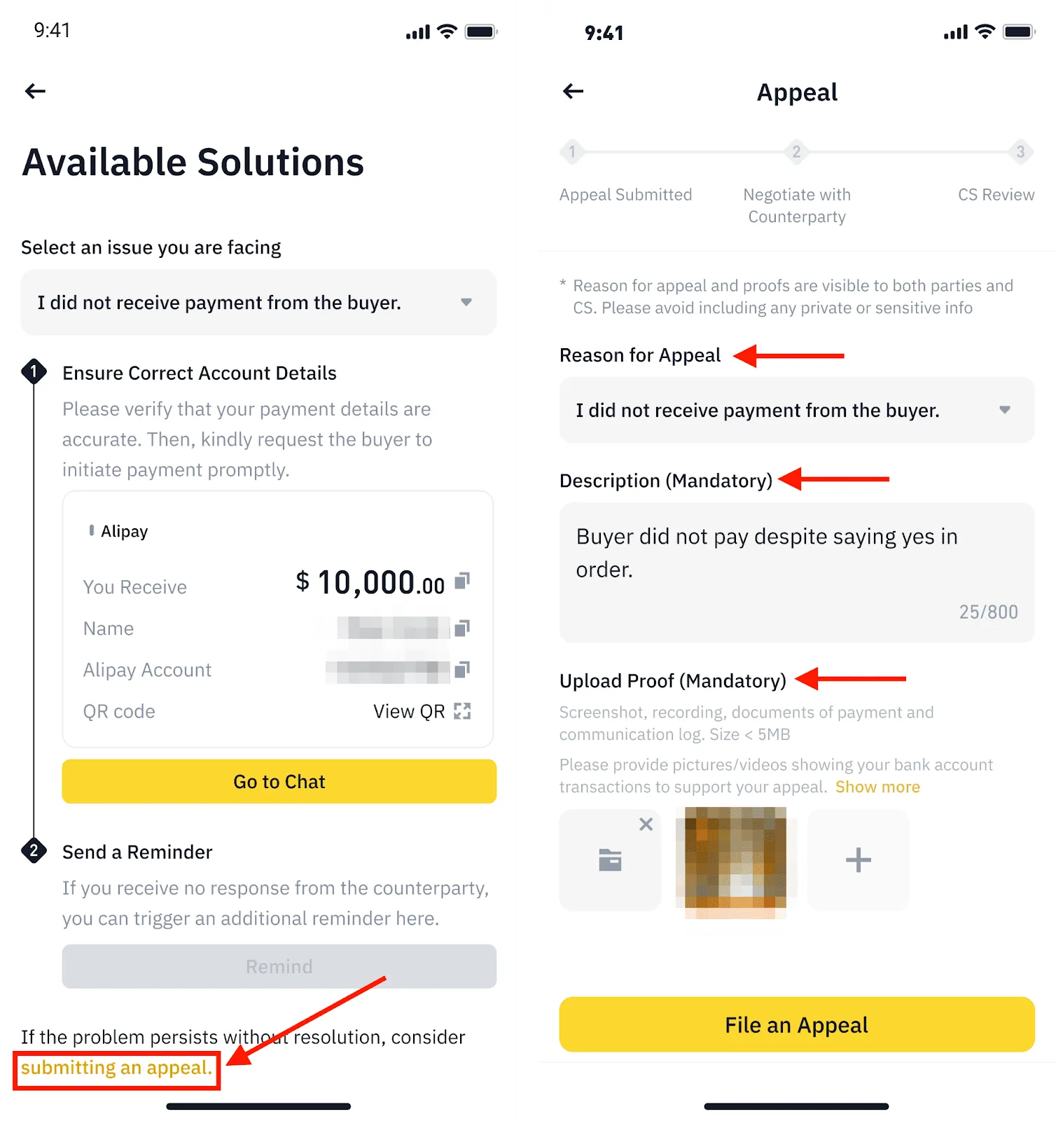 Binance 官方 P2P App 的申訴原因、說明與 Upload Proof 證據上傳畫面