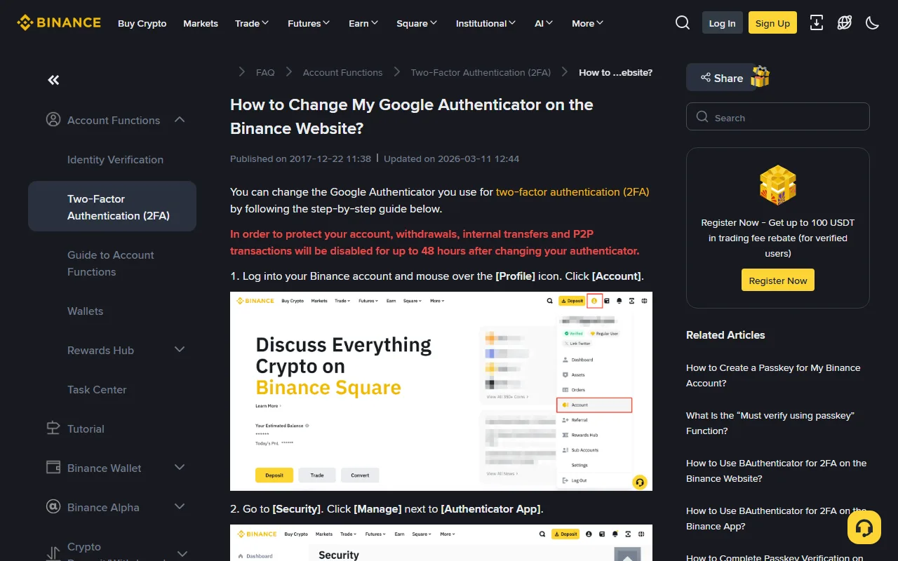 Binance-in rəsmi dəstək səhifəsində Authenticator dəyişdirilməsi ilə bağlı 48 saatlıq məhdudiyyət xəbərdarlığı