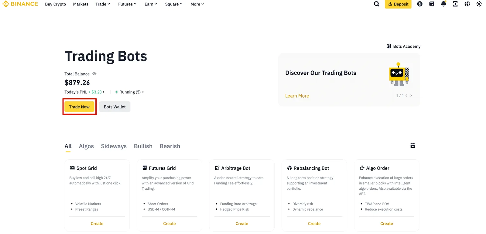 Binance 官方 Trading Bots 首頁的 Arbitrage Bot 與 Rebalancing Bot 產品入口