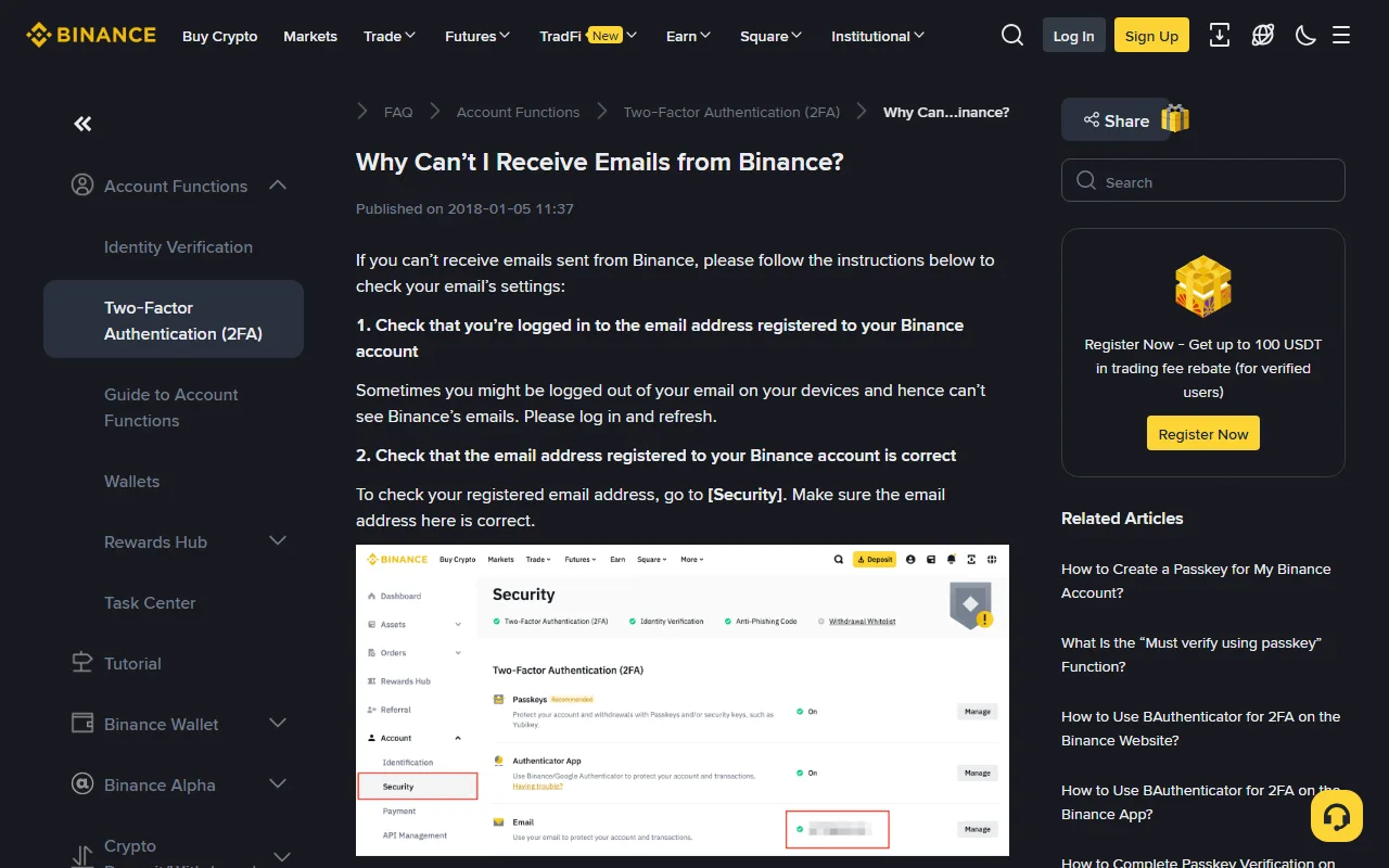 Binance-in rəsmi dəstək səhifəsi «Why Can't I Receive Emails from Binance?» və e-poçt parametrlərinin yoxlanması addımları