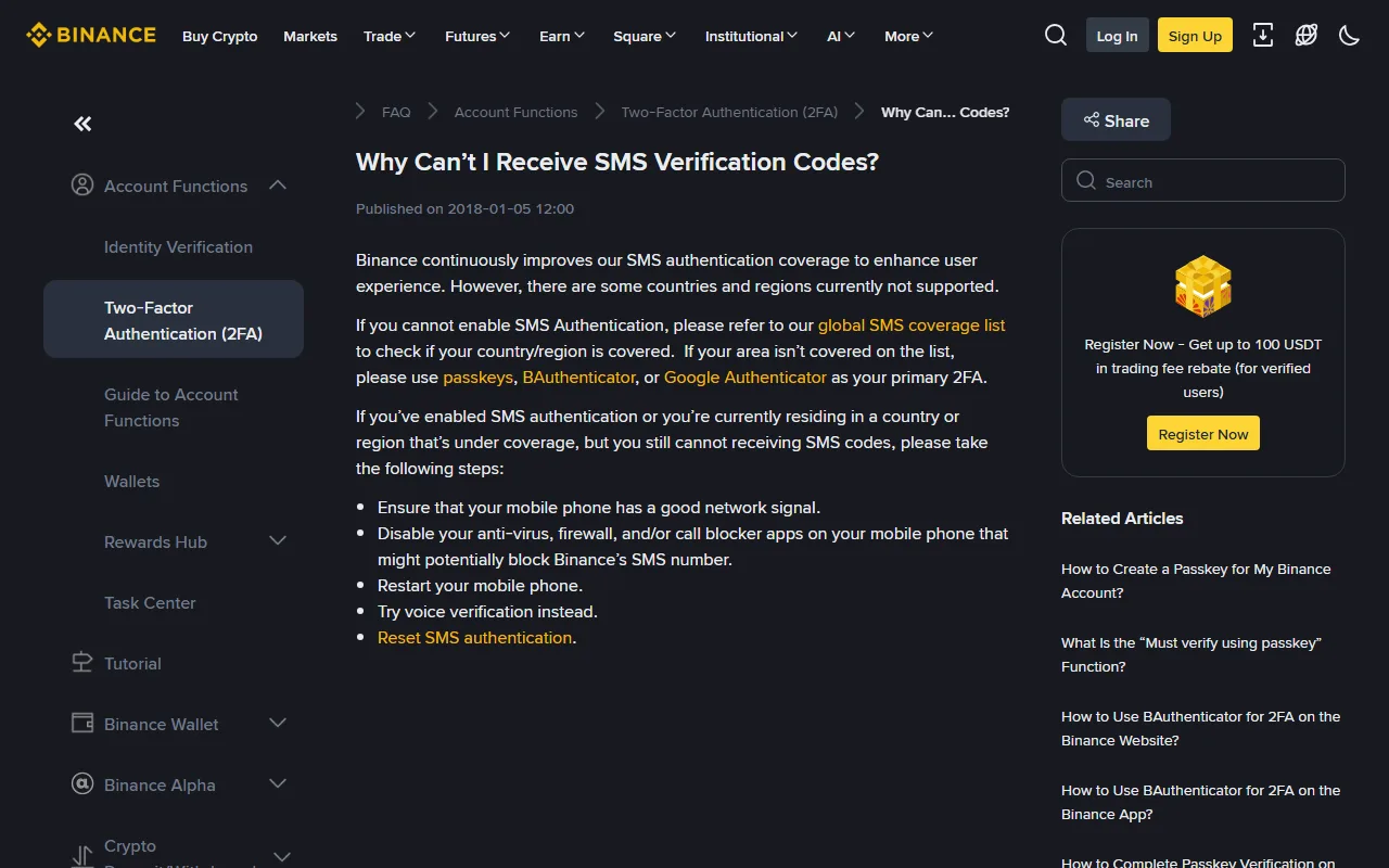 Binance-in rəsmi dəstək səhifəsi «Why Can't I Receive SMS Verification Codes?» və tövsiyə olunan addımların siyahısı