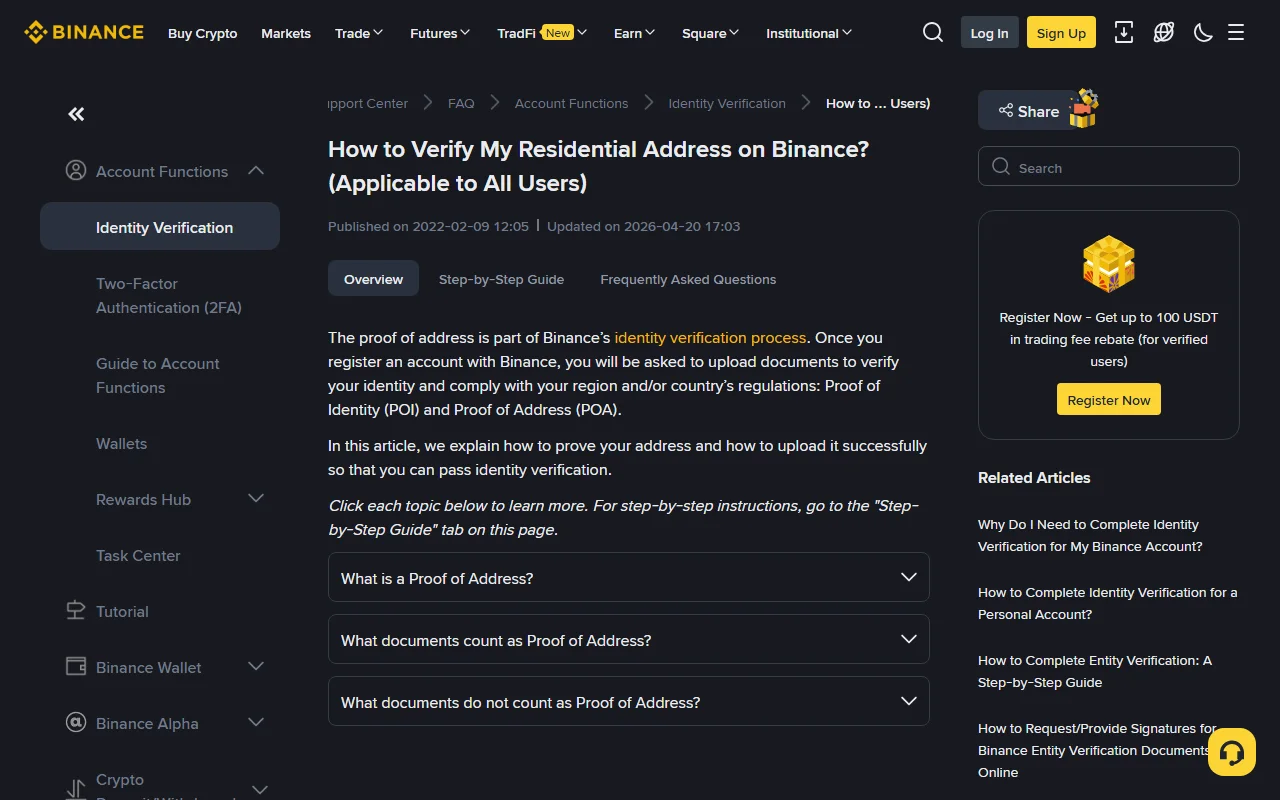 Binance-in rəsmi dəstək saytında «How to Verify My Residential Address on Binance?» məqaləsi: başlıq altında yenilənmə tarixi 2026-04-20 və «What documents count as Proof of Address?» kimi açılan bölmələr görünür