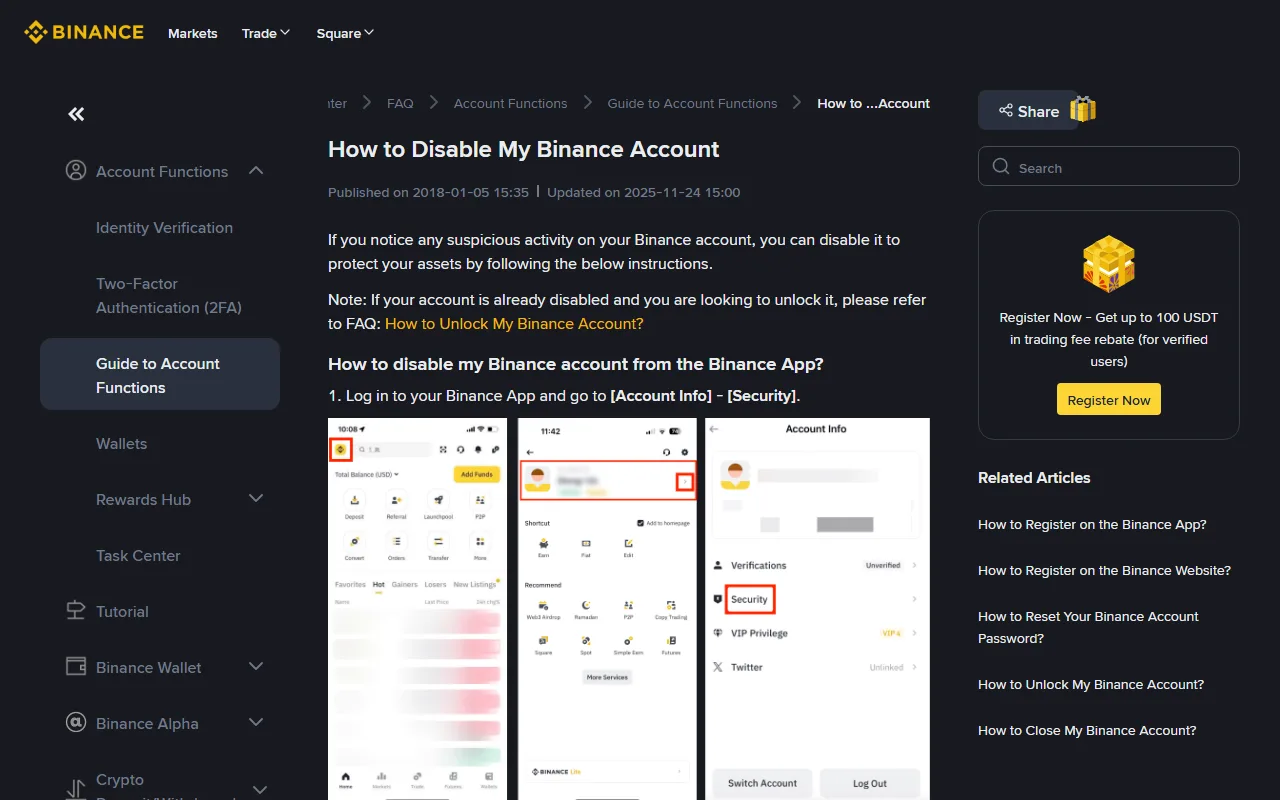 Binance-in rəsmi "How to Disable My Binance Account" yardım səhifəsi: tətbiqdə Account Info və Security bölməsinə keçid addımlarının ekran görüntüləri