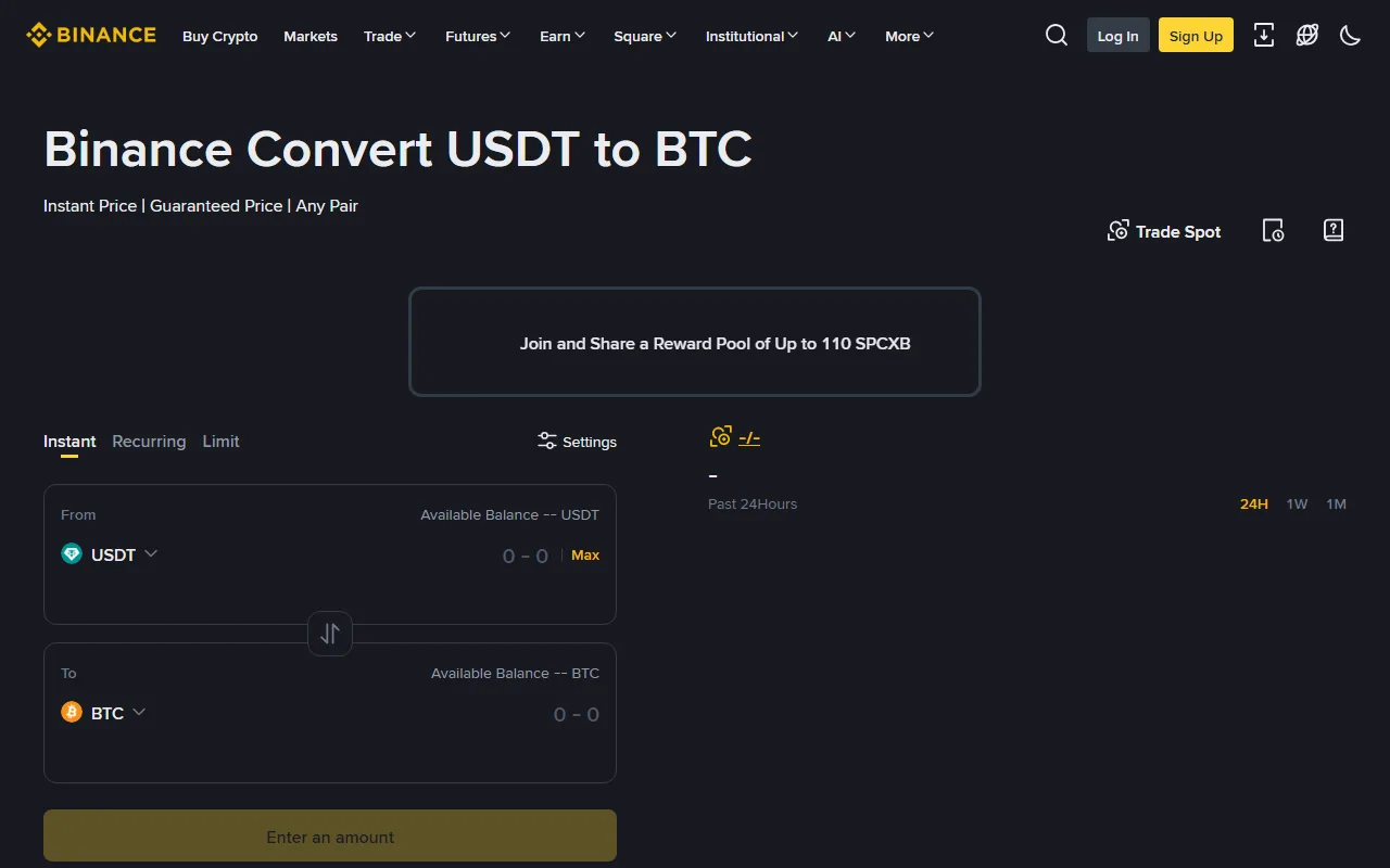 Binance Convert səhifəsində USDT-dən BTC-yə çevirmə forması, Instant, Recurring və Limit bölmələri ilə