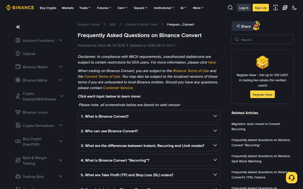 Binance-in rəsmi dəstək səhifəsində Convert üzrə tez-tez verilən suallar siyahısı