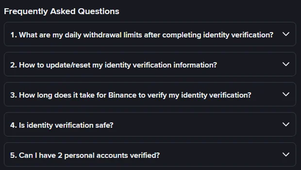 Binance rəsmi dəstək məqaləsinin Frequently Asked Questions bölməsi: birinci sual şəxsiyyət təsdiqindən sonrakı gündəlik çıxarış limitləri haqqındadır