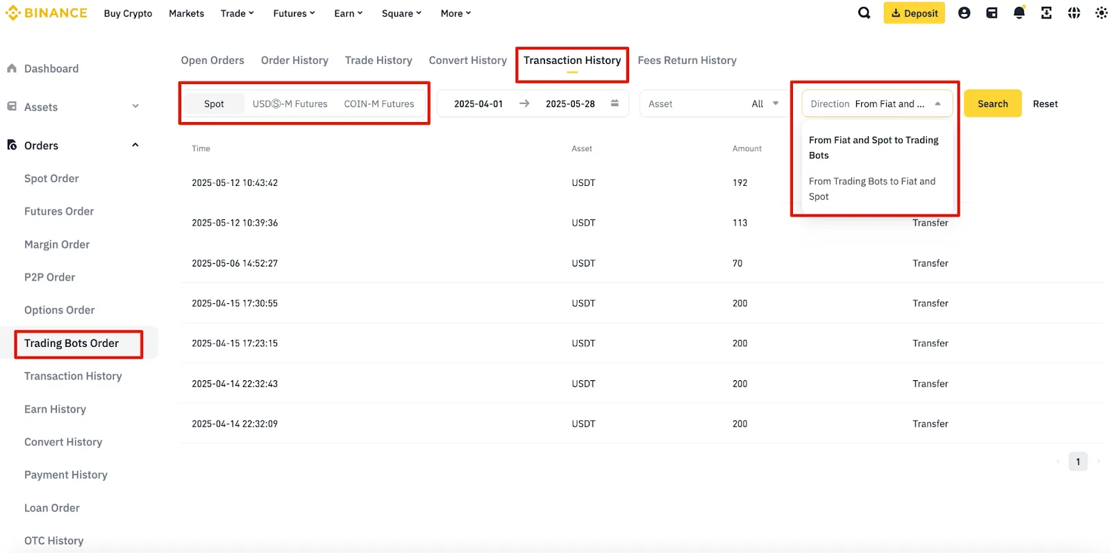 Binance 官方 Trading Bots Order 的 Transaction History 與資金移轉方向篩選