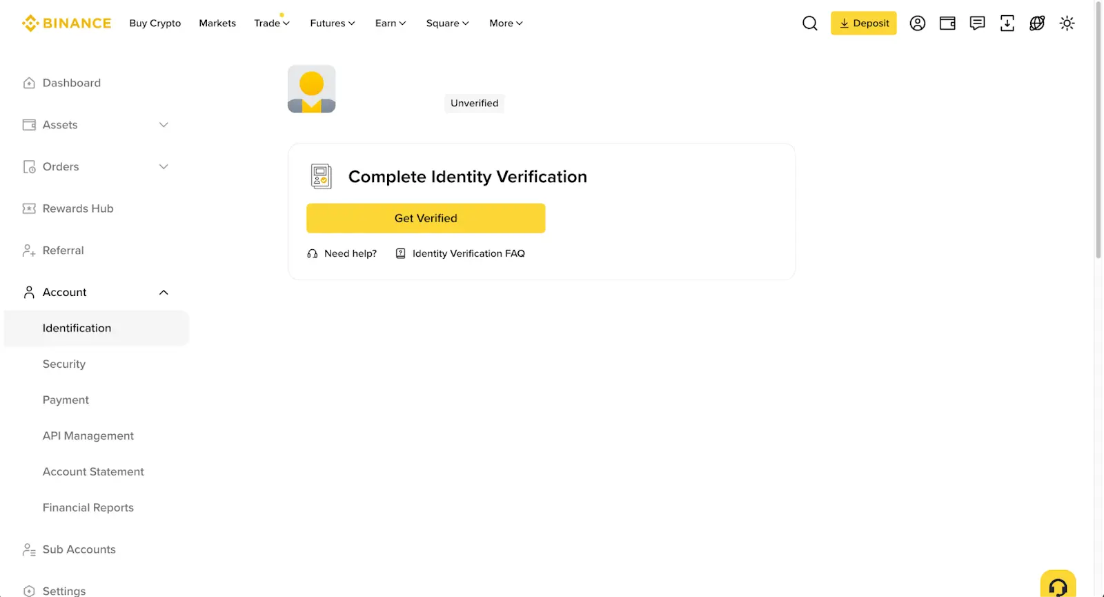 Binance 官方帳戶 Identification 頁的 Get Verified 按鈕