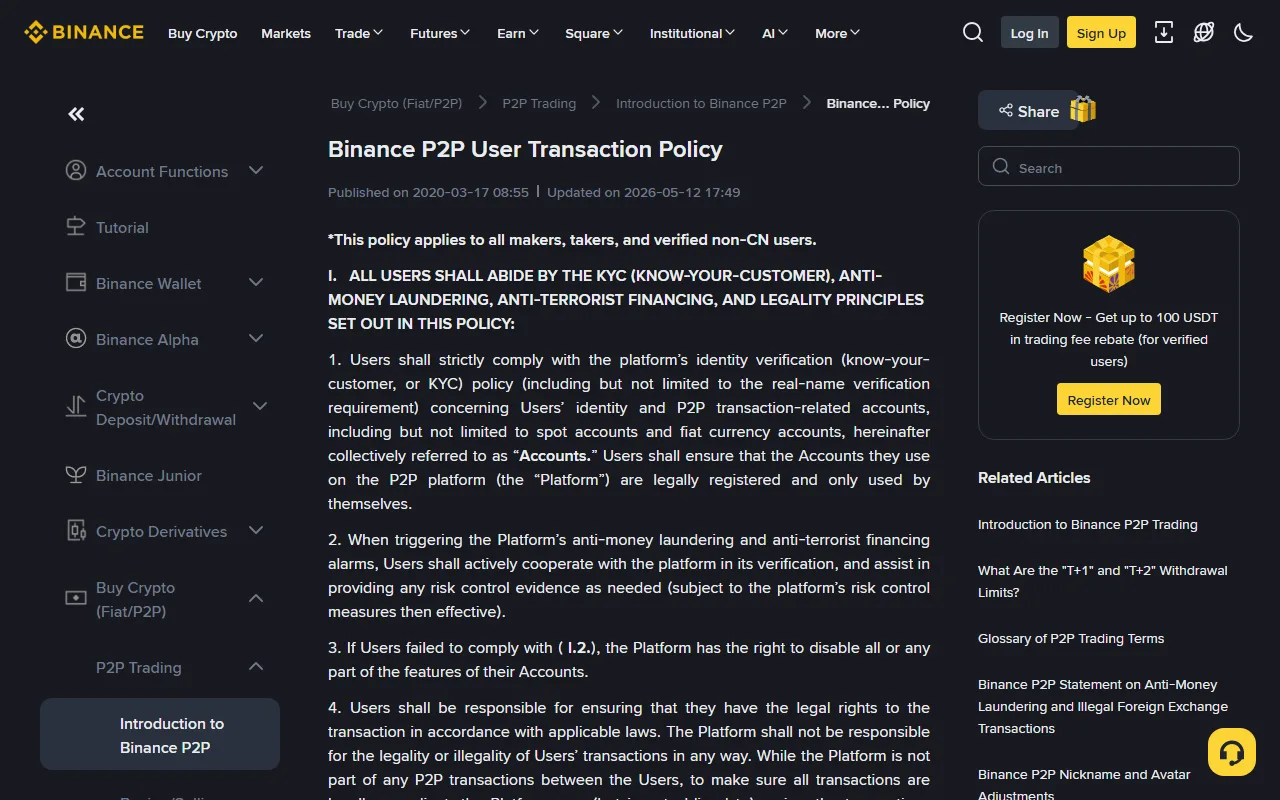 Binance rəsmi dəstək səhifəsində «Binance P2P User Transaction Policy» sənədinin başlığı və KYC, çirkli pulun yuyulmasına qarşı prinsiplərlə bağlı birinci bölməsi