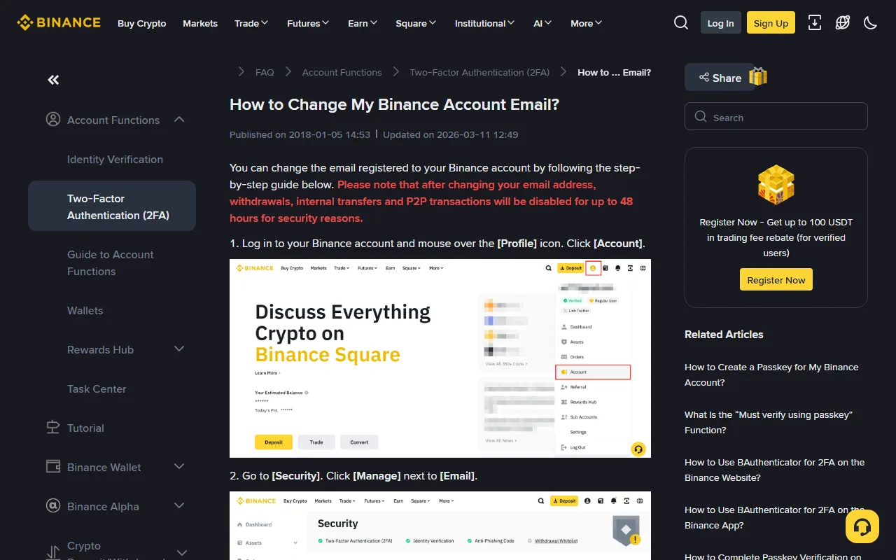 Binance-in rəsmi dəstək səhifəsi: e-poçtun dəyişdirilməsi təlimatı və e-poçt dəyişdikdən sonra çıxarış, daxili köçürmə və P2P əməliyyatlarının 48 saata qədər bağlanacağı barədə qırmızı qeyd