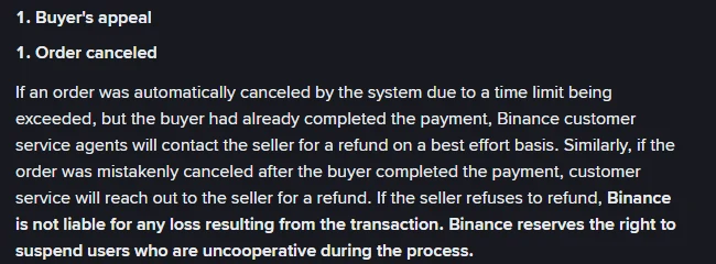 Binance P2P apellyasiya qaydalarında ləğv olunmuş sifariş və geri qaytarma bəndi