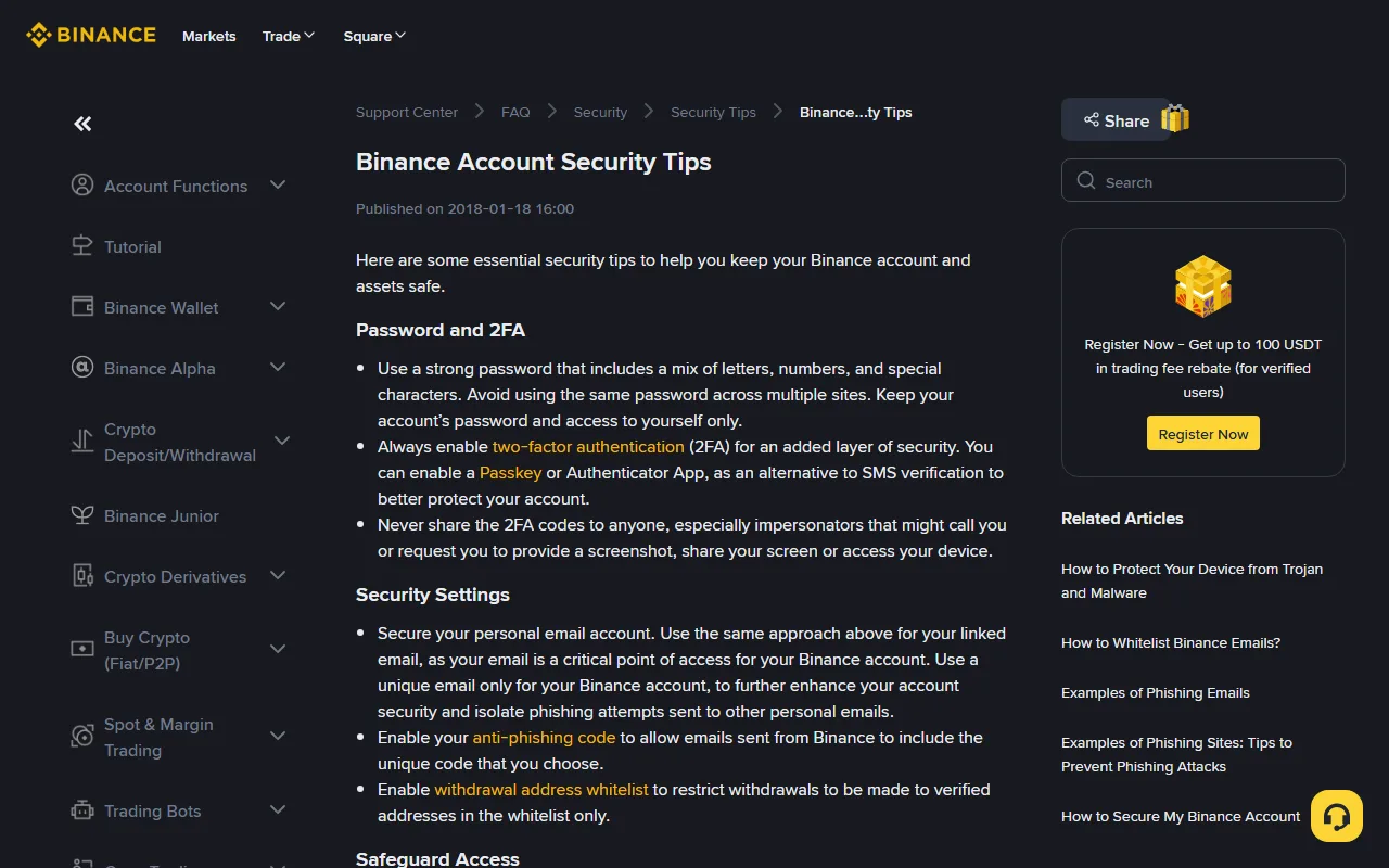 Binance-in rəsmi "Binance Account Security Tips" səhifəsi: parol, 2FA, Passkey, anti-phishing kodu və çıxarış ünvanı ağ siyahısı ilə bağlı tövsiyələr