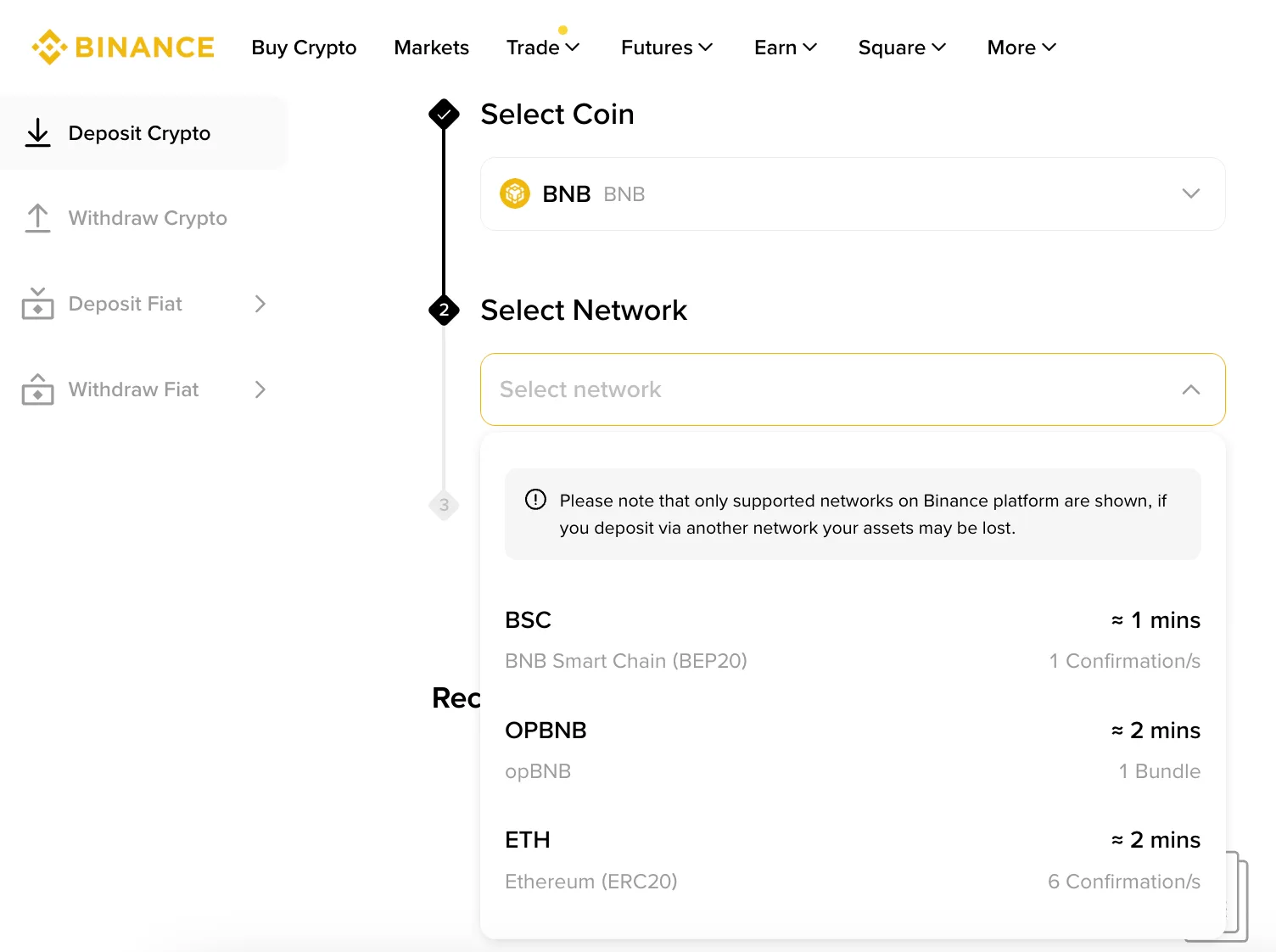 Binance 官方 Deposit Crypto 頁的 Select Network 選擇與網路不相容警告