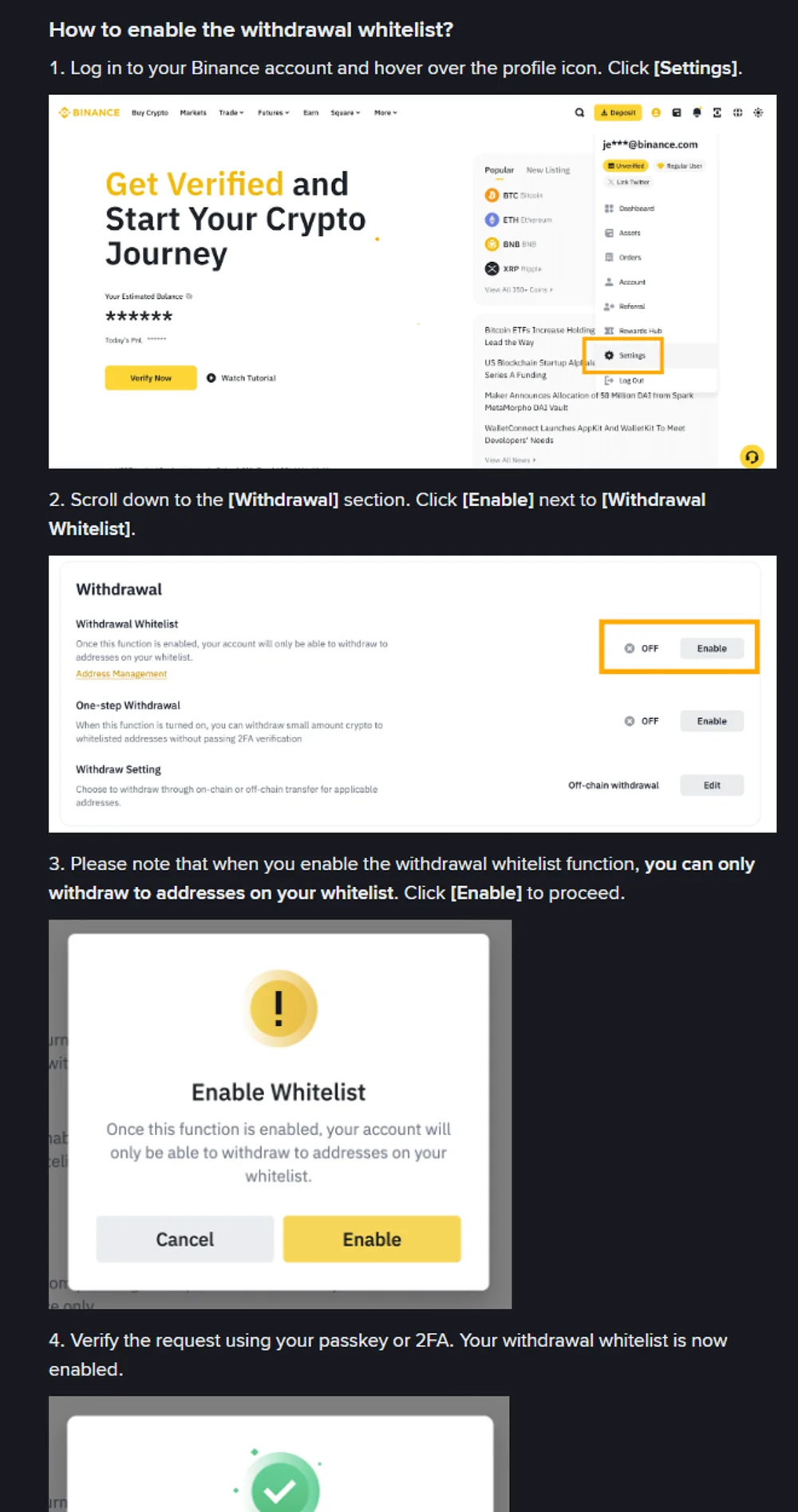 Rəsmi təlimatın addımları: Settings menyusu, Withdrawal bölməsində Enable düyməsi və «Enable Whitelist» təsdiq pəncərəsi