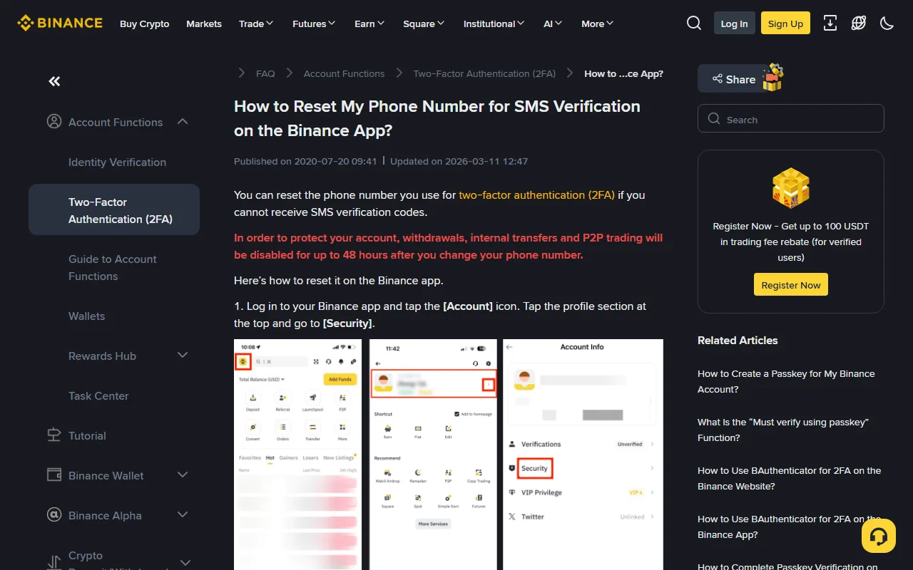 Binance-in rəsmi dəstək səhifəsi: nömrənin sıfırlanması təlimatının yuxarısında çıxarış, daxili köçürmə və P2P ticarətinin 48 saata qədər bağlanacağını bildirən qırmızı xəbərdarlıq