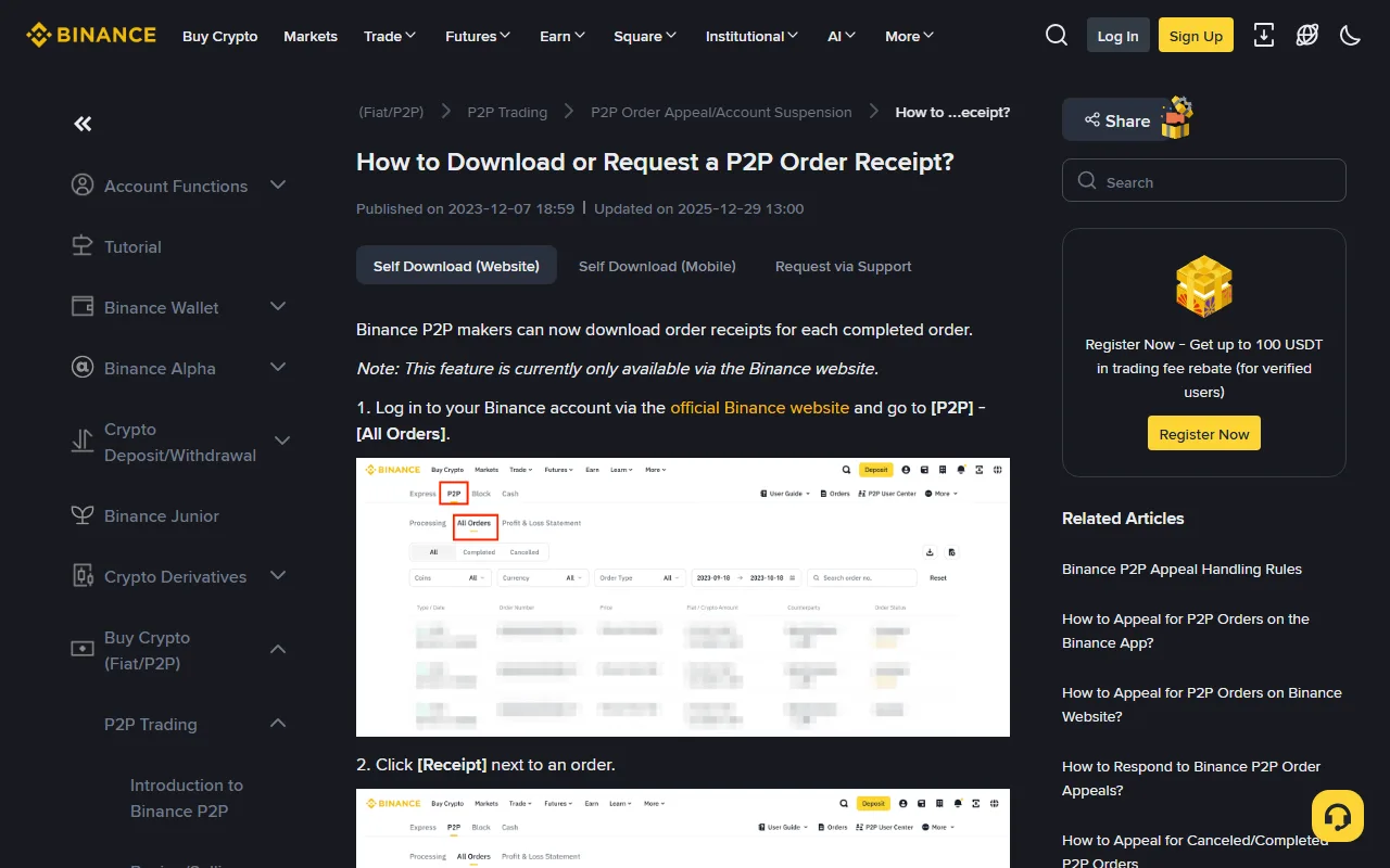 Binance-in «How to Download or Request a P2P Order Receipt?» dəstək səhifəsində saytdan qəbz yükləmə addımları