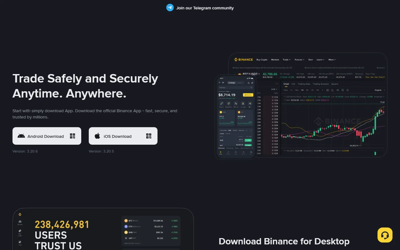 Binance-in rəsmi yükləmə səhifəsi: Android və iOS yükləmə düymələri və versiya nömrələri